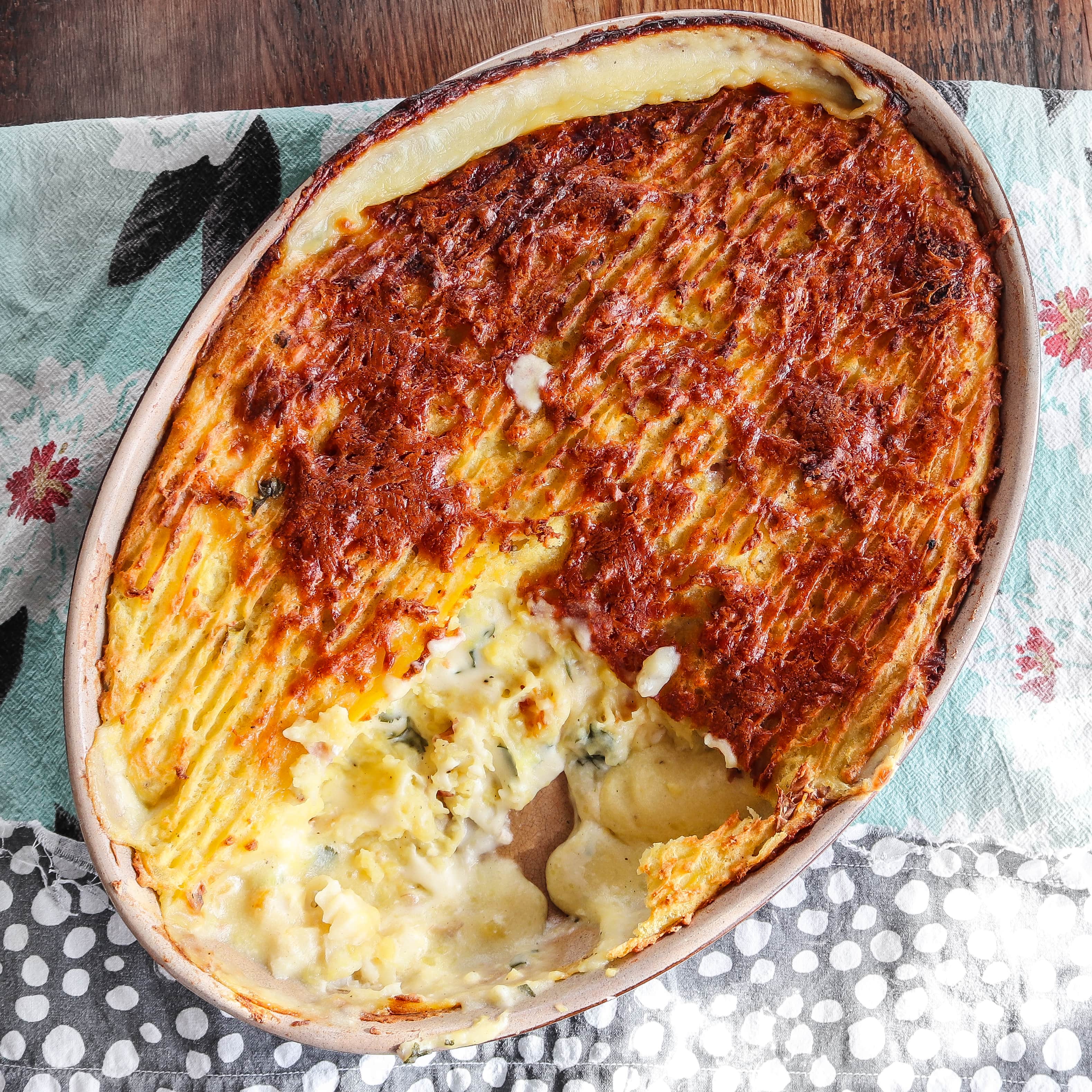 Fantastic fish pie. Pished Fish pie with a creamy white wine sauce, smoked haddock cod and prawns